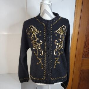 Womens Karen Scott Gold Sequin Silk blend Button Front Cardigan Sweater Size Med